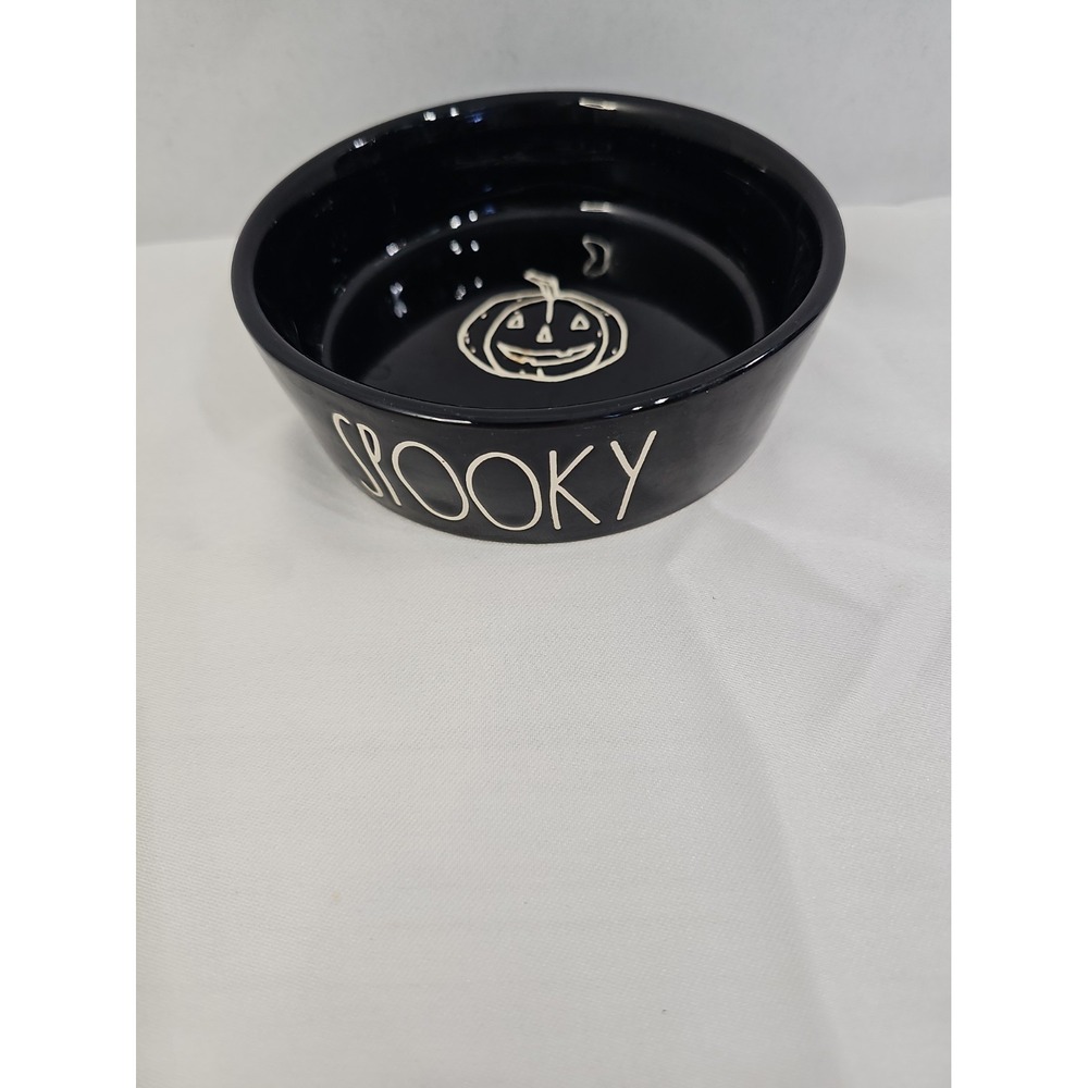 Rae Dunn Halloween "SPOOKY" Ceramic Pet Bowl Black with Jack-O'-Lantern Inside